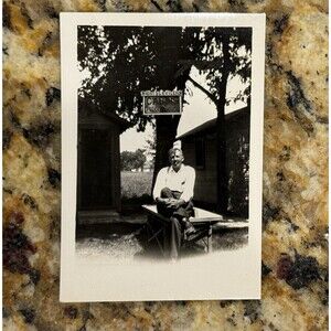 Vintage 1930s Photo Man with Cigar, Tourist Cabins Sign, Watseka IL Snapshot